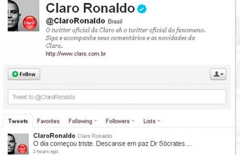 Ronaldo lamentó muerte de Sócrates en Twitter