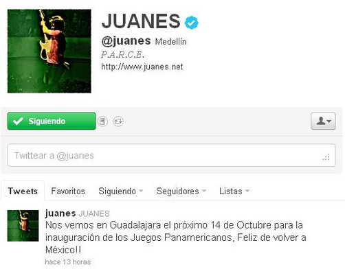 Juanes participará de los Juegos Panamericanos 2011