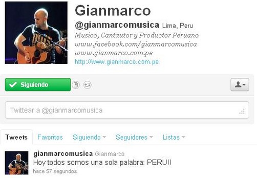 Gianmarco alienta a la selección peruana vía Twitter