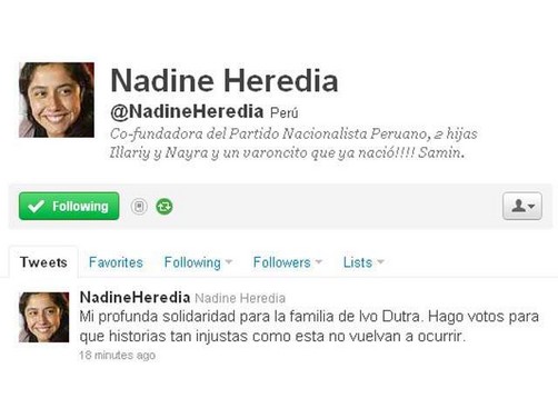 Nadine Heredia envía mensaje de solidaridad a familia de Ivo Dutra