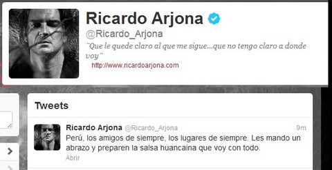 Ricardo Arjona manda mensaje a fans peruanos vía Twitter