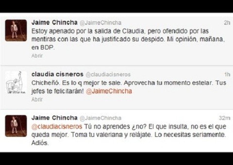 Claudia Cisneros y Jaime Chincha se pelearon en Twitter