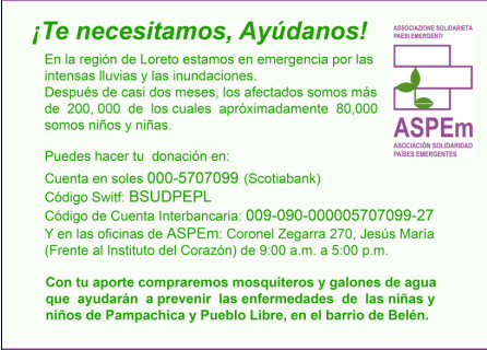 Iquitos continúa en emergencia ambiental: ASPEm hace un llamado a la solidaridad para contribuir con ayuda para los niños y niñas de Iquitos