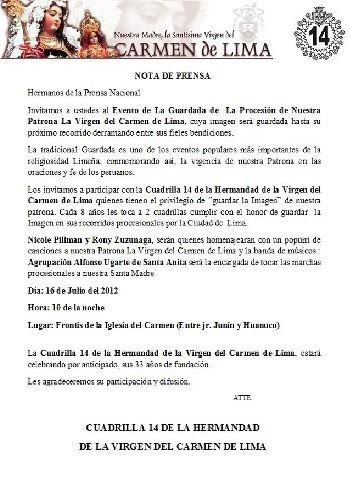 Guardada de la 14 Cuadrilla de la Hermandad de la Virgen del Carmen de Lima