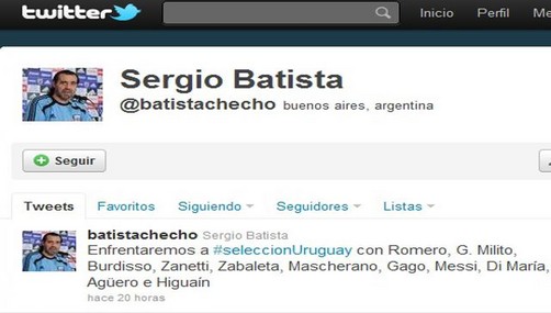 Sergio Batista publicó su alineación ante Uruguay vía Twitter