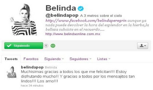 Belinda agradeció los saludos por su cumpleaños en Twitter