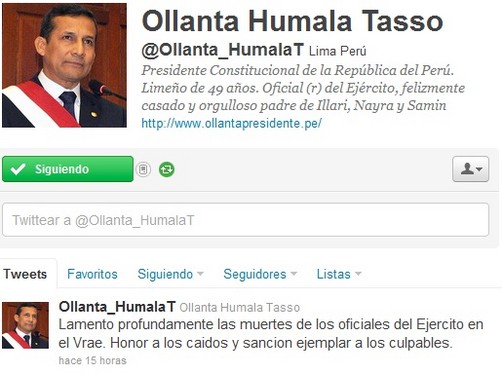Ollanta Humala lamentó muerte de oficiales en el VRAE
