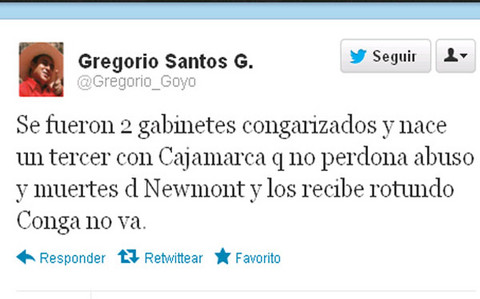 Gregorio Santos recibe al Gabinete Jiménez con un mensaje: Conga no va