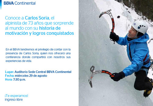 [Lima] Carlos Soria, alpinista español de 73 años, este miércoles 29 a las 19:30 en la sede del BBVA