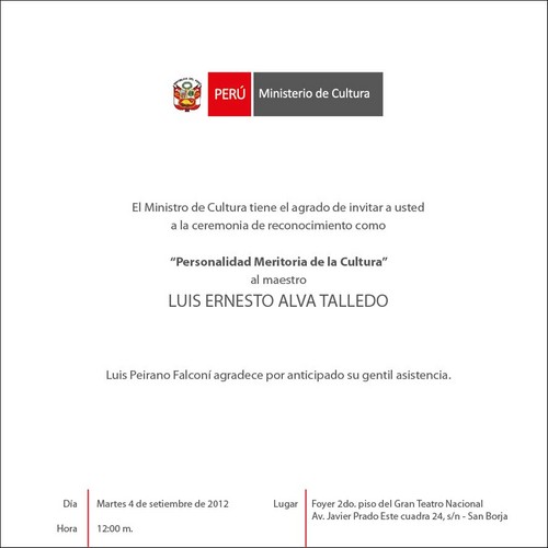 Invitación a Ceremonia de Reconocimiento del Maestro Luis Alva