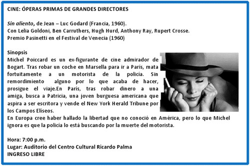 [Miraflores - Lima] Agenda Cultural lunes 17 de septiembre: 'Sin aliento' de Jean - Luc Godard
