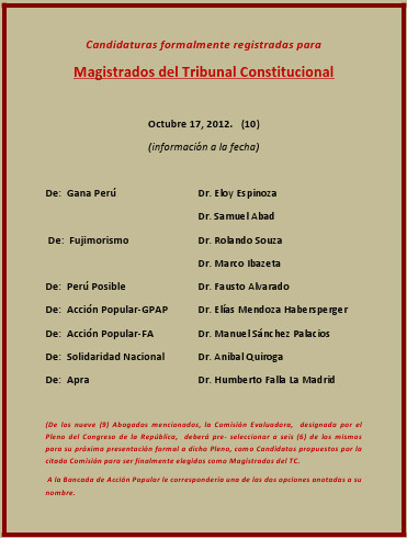 Candidaturas a Magistrados del Tribunal Constitucional : 17 de octubre 2012