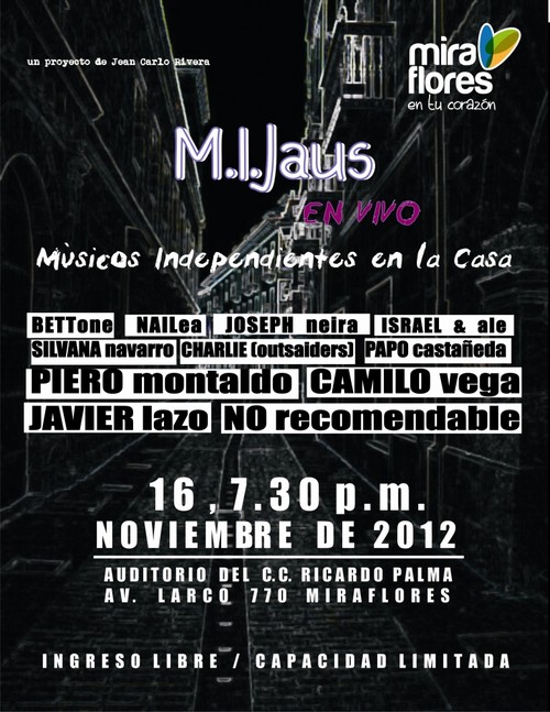 Viernes 16 de noviembre: Concierto de músicos independientes en el Centro Cultural Ricardo Palma