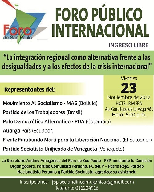 Partidos de izquierda de AL se concentrarán en Lima para Seminario Internacional del Foro de Sao Paulo