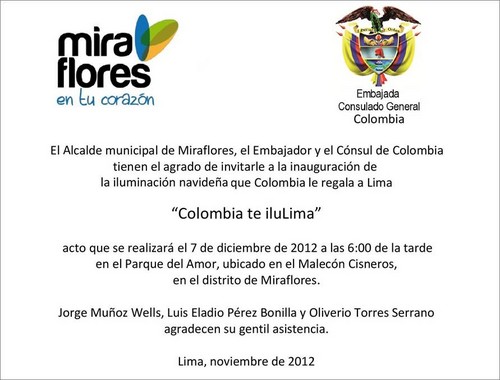 Embajada de Colombia entregará alumbrado navideño a Lima bajo el lema Colombia te iluLima