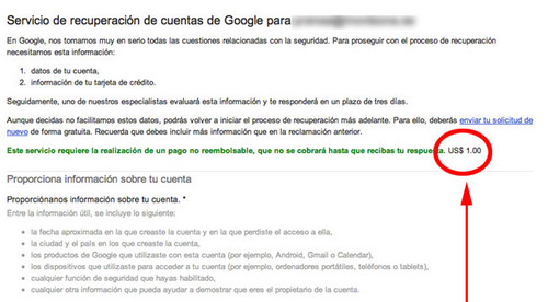 Google exige 1 dólar para recuperar contraseñas en Gmail y Google+