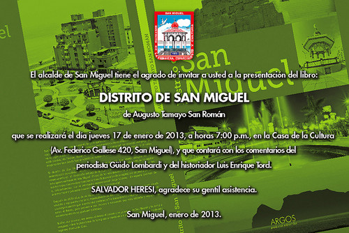 Municipio sanmiguelino presentará libro  'Distrito San Miguel' de Augusto Tamayo