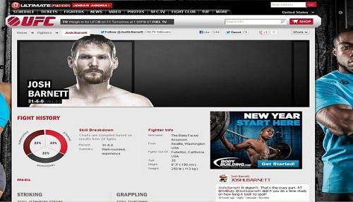 Perfil de Josh Barnett aparece en la web del UFC