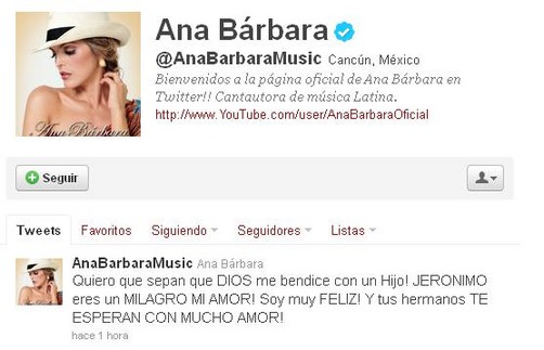 Ana Bárbara anuncia que será nuevamente madre en Twitter