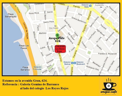 Arepa Café  *Bubble Tea*:  Estamos en la avenida Grau 624 Barranco, a un costado del colegio Los Reyes Rojos en la galeria Gemina