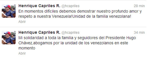 Henrique Capriles: 'en estos momentos difíciles (los venezolanos) debemos mantenernos unidos'