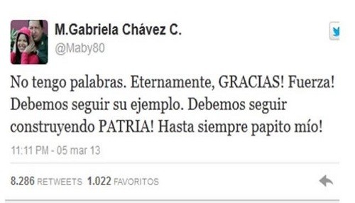 Hija de Hugo Chávez en Twitter: ¡Hasta siempre papito mío!