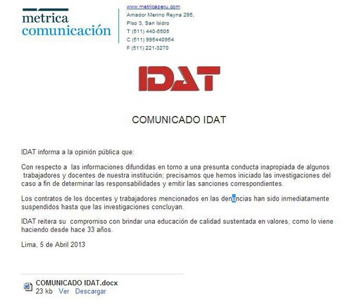 IDAT publicó un comunicado sobre el caso de  extorsión sexual que existe en sus aulas