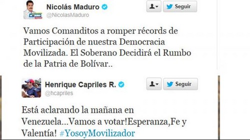 Elecciones en Venezuela: Nicolas Maduro y Henrique Capriles convocan a votantes por Twitter