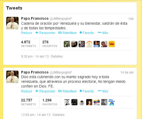 Papa Francisco envía mensajes en twitter por las elecciones en Venezuela