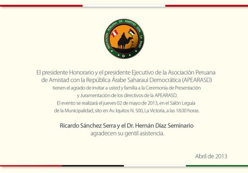 Invitación a ceremonia de Presentación y Juramentación de los directivos de la Asociación Peruana de Amistad con la República Arabe Saharahui