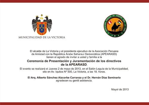 Invitación a la Ceremonia de Presentación y Juramentación de directivos de la Asociación Peruana de Amistad con la República Árabe Saharaui Democrática (APEARASD)