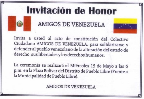 Amigos de Venezuela: Hoy miércoles 6pm, Plaza Bolívar de Pueblo Libre