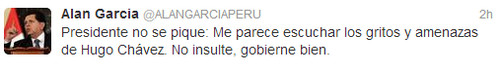 Alan García al presidente Ollanta Humala: 'Me parece escuchar los gritos y amenazas de Hugo Chávez'