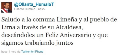 Ollanta Humala saludó a Lima por su aniversario vía Twitter