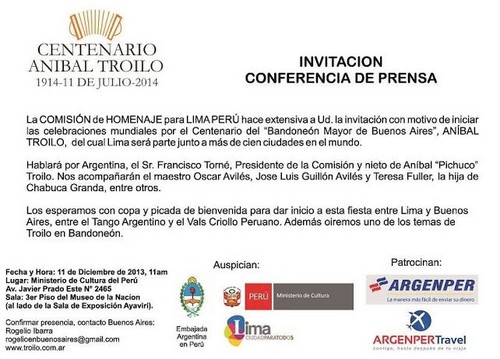 Centenario de Anibal Troilo: invitación miércoles 11 de diciembre a las 11 am a la conferencia de prensa