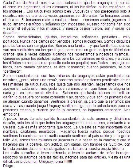 Diego Lugano a los hinchas uruguayos de miras al encuentro ante Italia: Los invito a confiar, a tener paciencia, a tener la audacia de soñar lo mejor