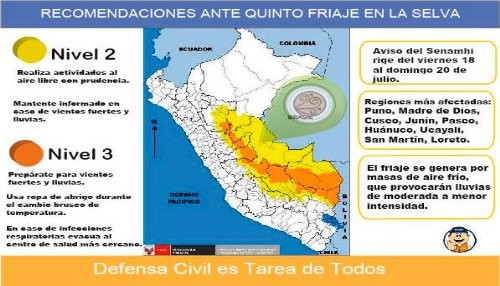 INDECI recomienda medidas de preparación y protección ante quinto friaje en la selva del país