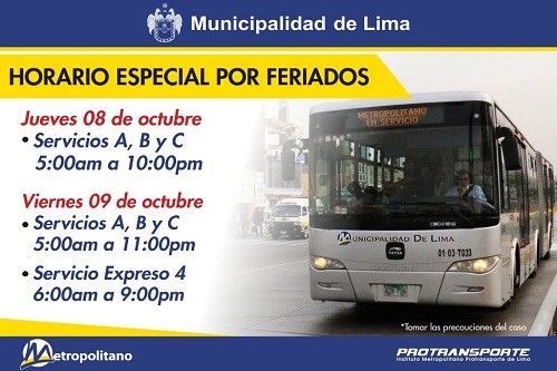 Metropolitano presenta horario especial por feriados del 8 y 9 de octubre