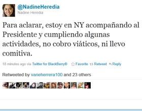 Nadine Heredia aclara que no cobró viáticos para su viaje a EE.UU