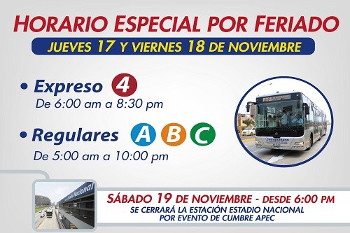 Expreso 4 reforzará servicio del Metropolitano los días feriados por cumbre de APEC