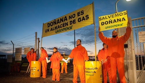 Activistas de Greenpeace comienzan a paralizar las obras de Gas Natural Fenosa en Doñana