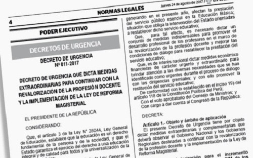 Gobierno a través del Decreto de Urgencia N° 011-2017 concreta los beneficios y mejoras para nuestros docentes