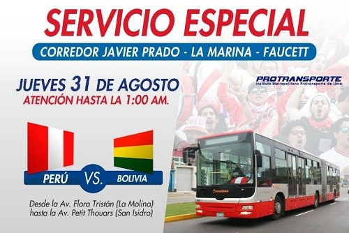 Buses del corredor Javier Prado brindarán servicio especial hasta la 1:00 am por partido Perú - Bolivia