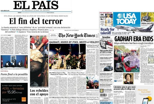Portadas del mundo hablan de la muerte de Gadafi