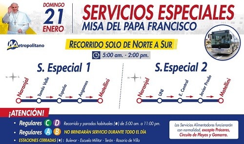 Metropolitano y corredores brindarán servicio especial por misa del Papa Francisco