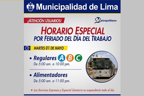 Metropolitano: Conozca el horario especial por feriado del Día del Trabajo