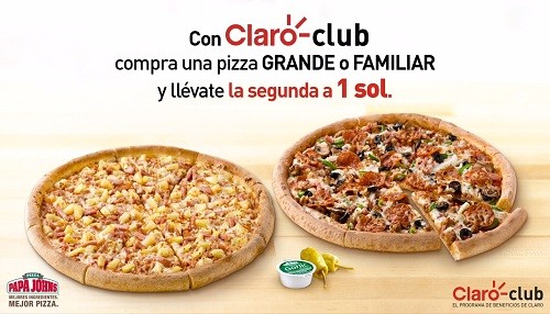 Con Claro Club, tu segunda pizza grande o familiar PAPA JOHNS te cuesta solo S/ 1.00