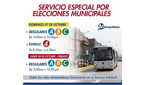El Servicio Expreso 4 del Metropolitano reforzará su atención por elecciones del 7 de octubre