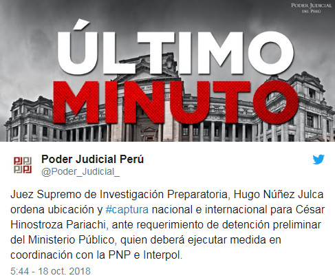 Poder Judicial ordena ubicación y captura del exvocal supremo César Hinostroza pariachi