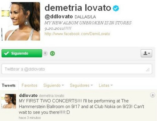 Demi Lovato anuncia en Twitter sus dos primeros conciertos